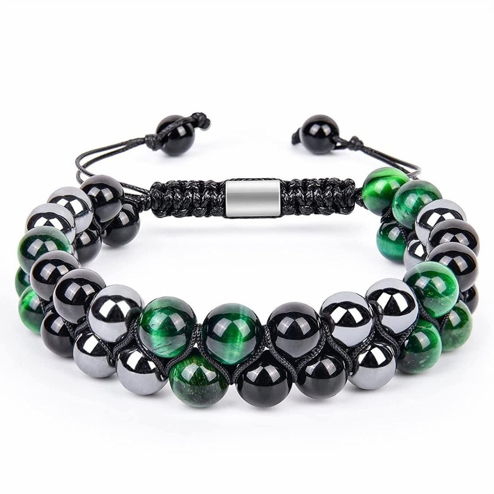 JYL TS Bracelet Men s 2-Piece  Braided Minimalist Enhances Stability & Charm Green tiger eye