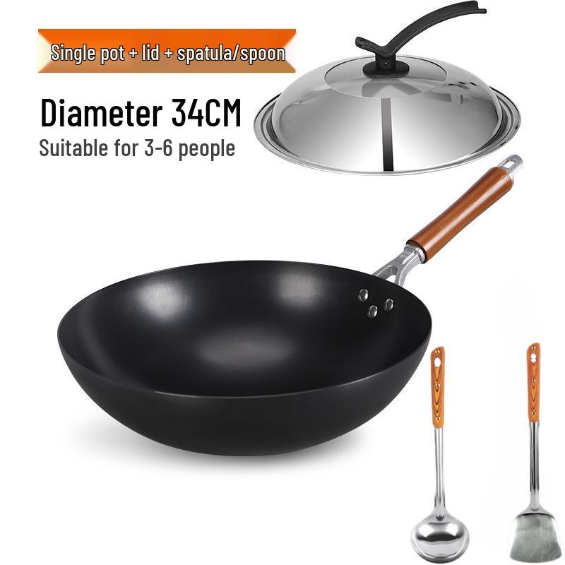 Old-Fashioned Non-Coated Cast Iron Wok, Round Bottom, Non-Slip, Non-Stick, Gas Stove Compatible, Nitrided Fine Iron.