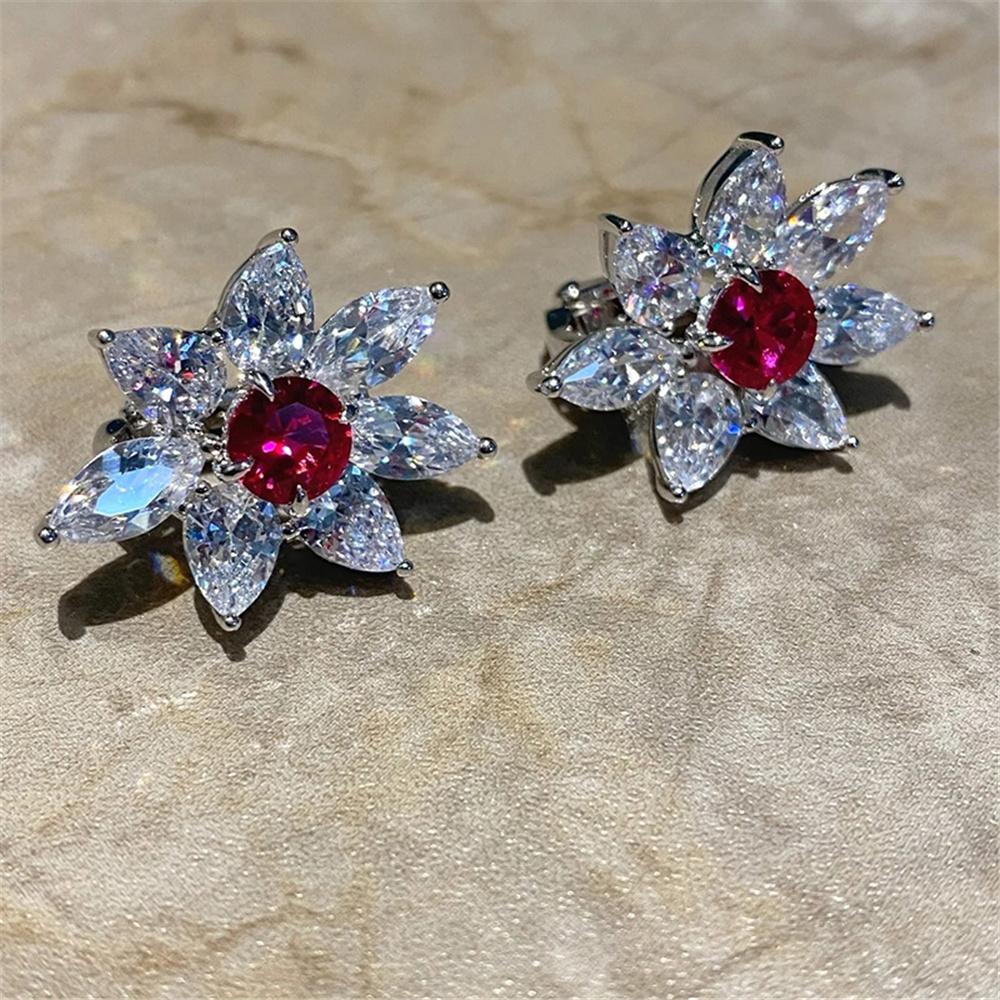 Female White Red Zircon Stone Flower Hoop Earrings Vintage Fashion Silver Color Wedding  For Women