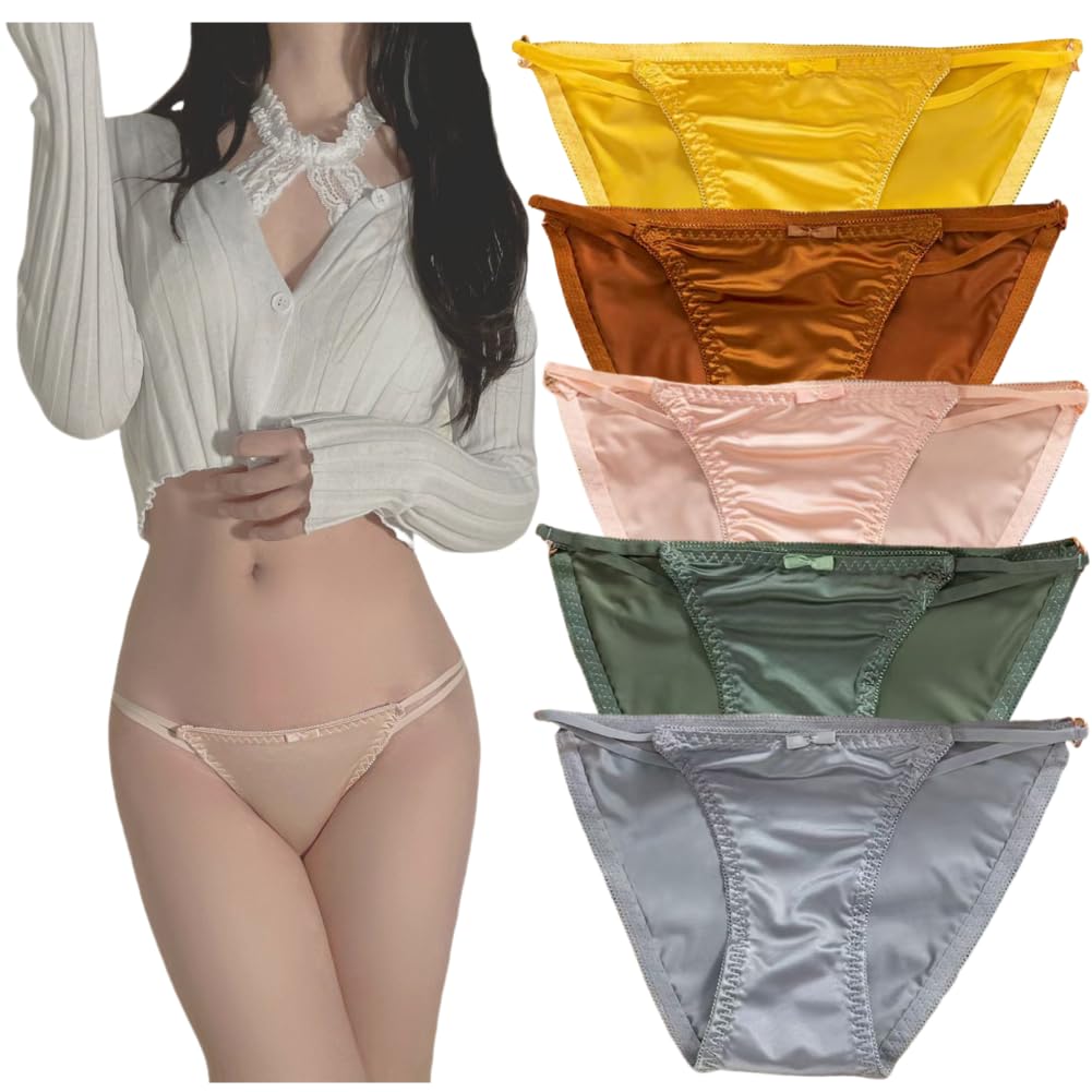 VIVISHOW Satin Shiny Regular Sexy Lucky Women's Full-Back G-String Panties, Non-Digging, Women's Underwear, Bag, 5-Pack (Size M)