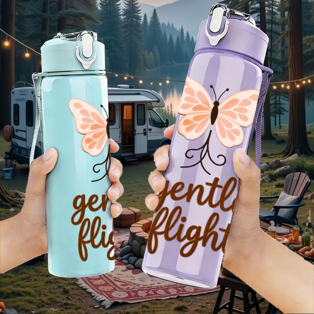 1PC Gentle Flight Butterfly Quote Art 750ml Color Plastic Sports Water Bottle Leakproof Flip Straw Lid Suitable for Sports Office Home Use