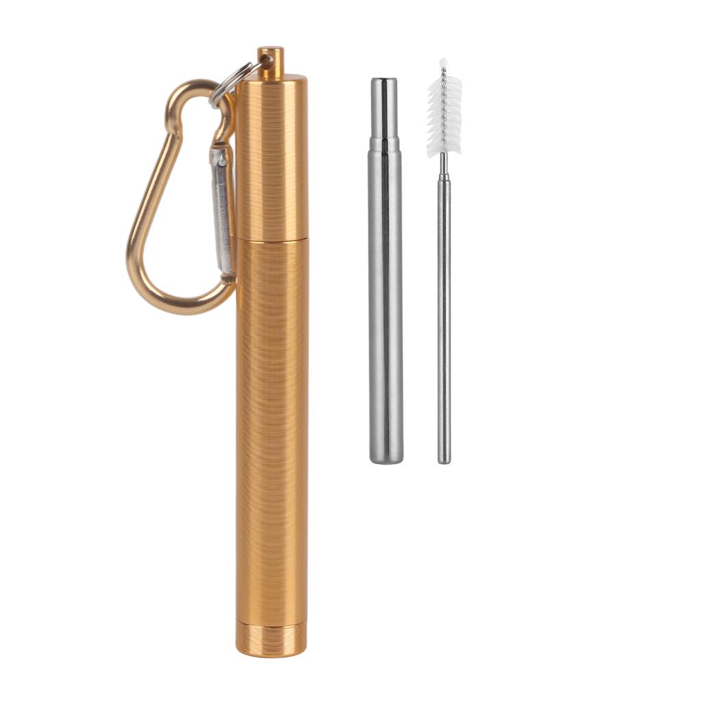 Retractable Stainless Steel Reusable Straw Kit(Gold Aluminum Case  Straw + Brush   Carabiner )