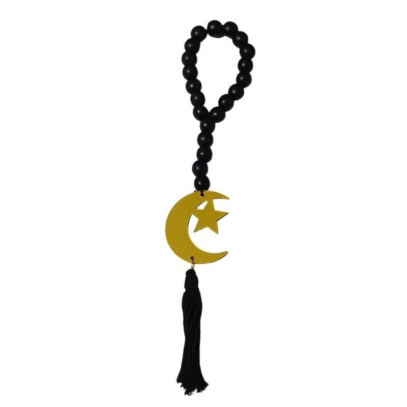 Ramadans Wood Beaded Garlands Acrylic Moon Pendant Wall Hanging Ornament with Tassels For Islamic Festives Home Decorations