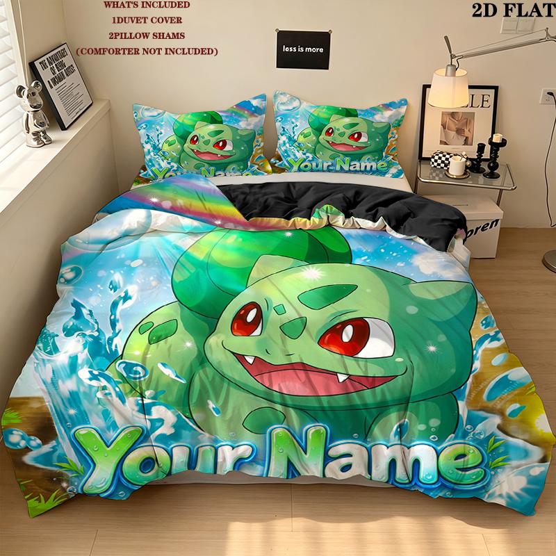 Custom Name,Bulbasaur Pattern Bedding Home Decoration Birthday Gift ( 1 duvet cover + 2 pillowcase, without core),fan merchandise.