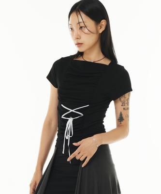 PEACE MAKER Ribbon Shirring Tee (Black)