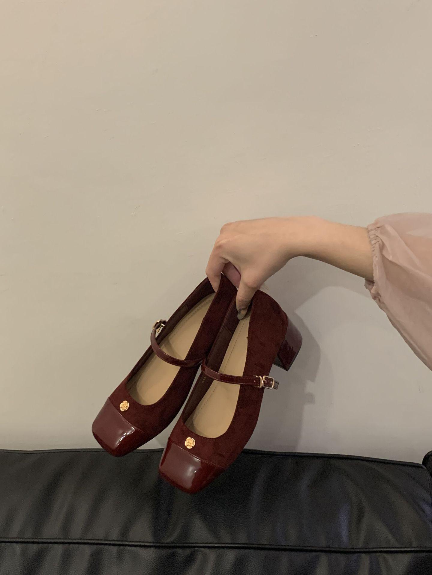 Pumps Low Cut Block Heel Women s Spring Autumn Color Block Suede SoftShoes French Style VintageMary Jane Shoes 35 вино красного