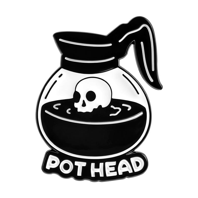 

Pot Head Enamel Pins Custom Skull Skeleton Cooffe Pot Pun Brooches Lapel Badges Clothes Gothic Jewelry Gift for Friends