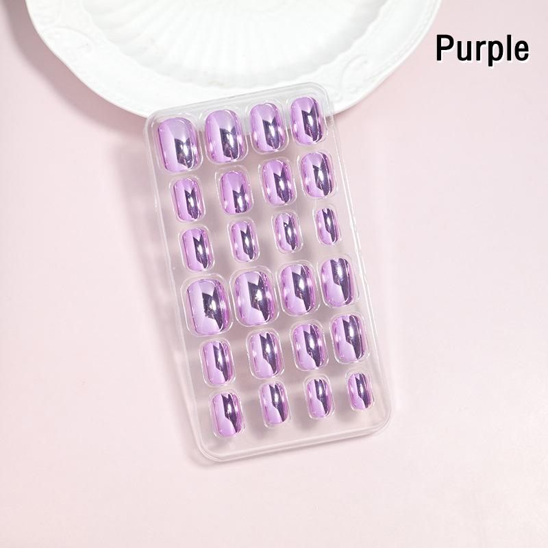 24 Piezas Espejo Cromado Uñas Infantiles Presionar Sobre Metálico Puntas de Uñas Postizas Pre-Pegadas Cortas Ovaladas Cobertura Completa Uñas Postizas Para Niñas Juguetes