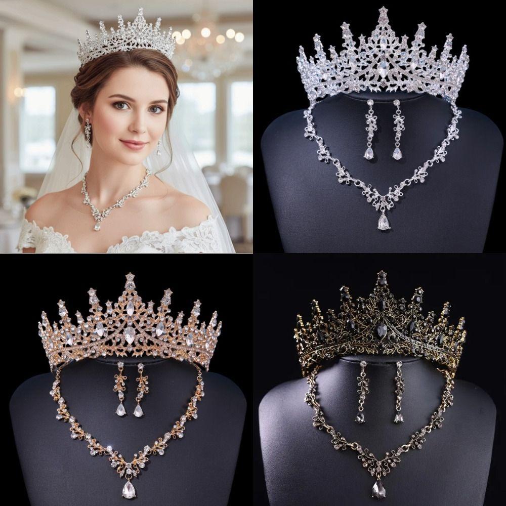 3 Pcs Hair Ornaments Bride Jewelry Sets Metal Necklace Earrings and Crown Sets  Women