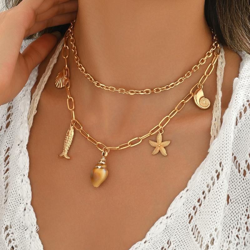 Bohemia Gold Plated Double Layer Shell Necklace For Women Starfish Conch Scallop Pendant Choker Summer Beach Jewelry Accessories
