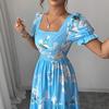 Europe, America, New Long Dress Square Neck Dress Flower Print Elegant Temperament