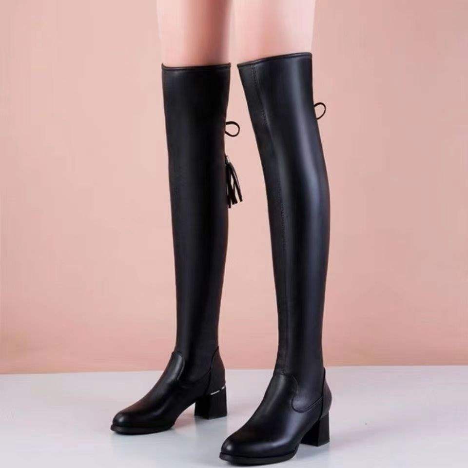 Lange Stiefel Damen Weiches Leder Elastische Stiefel Skinny Hohe Lederstiefel Herbst und Winter Samt Warme Mode Dicke Ferse Kniestiefel