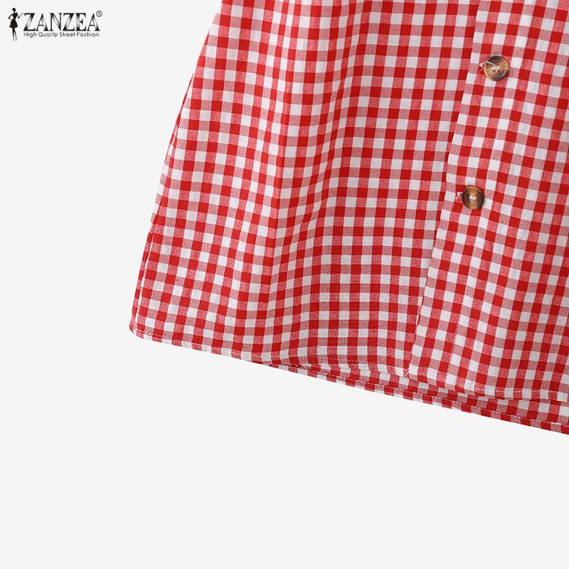 ZANZEA Women Casual V-Neck Short Sleeve Plaid Print Dress