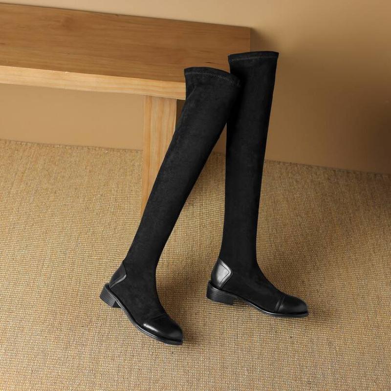 

Корейская версия эластичных замшевых ботинок Мартина женские на низком каблуке большого размера женские ботинки квадратный каблук ботфорты женские новые осенне-зимние длинные ботинки 39