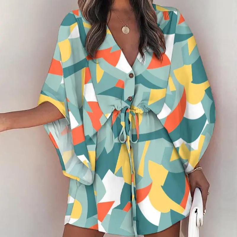 Damen Sommer V-Ausschnitt Bindeband Lässige Urlaubs Kleider