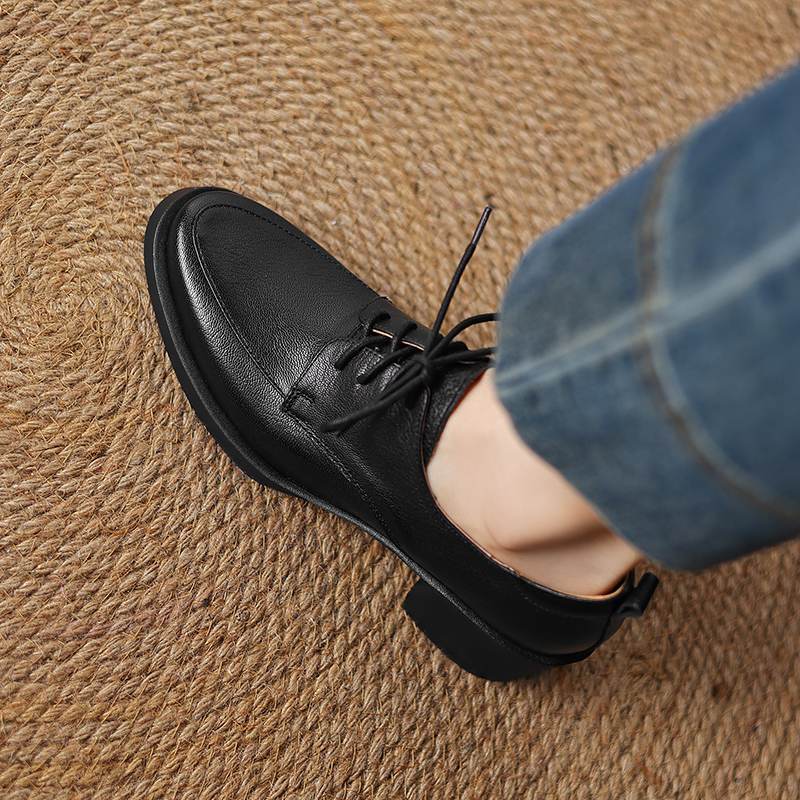 Krazing Pot Sheepskin Autumn Winter Shoes Chunky Heels Size 43 Size 42 Round Toe Lace Up Deep Mouth Retro Fashion Pumps