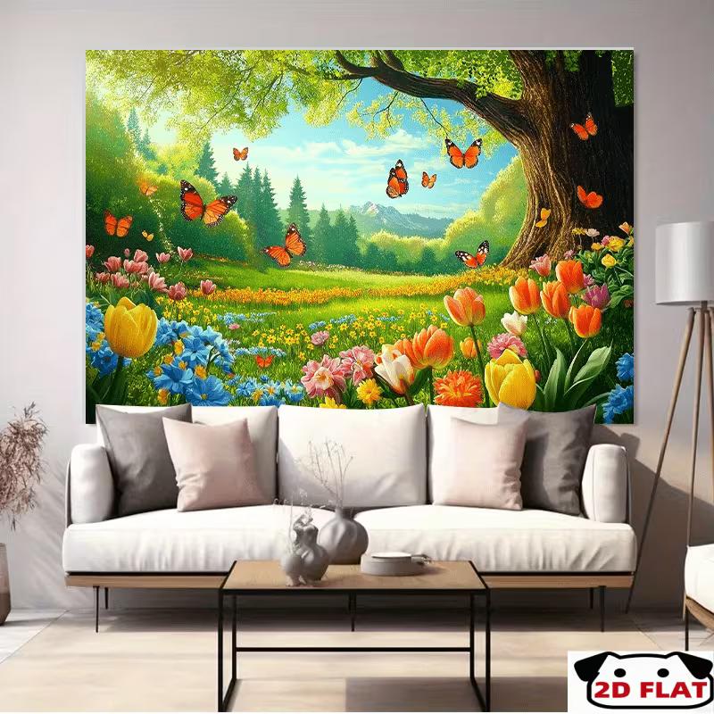 2D Summer Nature Background, Vibrant Flower Meadow & Butterflies Themed Party Backdrop