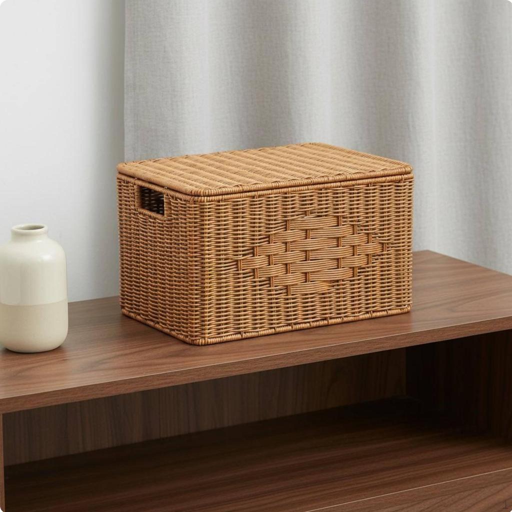 Imitation Rattan Box with Lid Multifunctional Lidded Storage Basket Sturdy and Braided Container