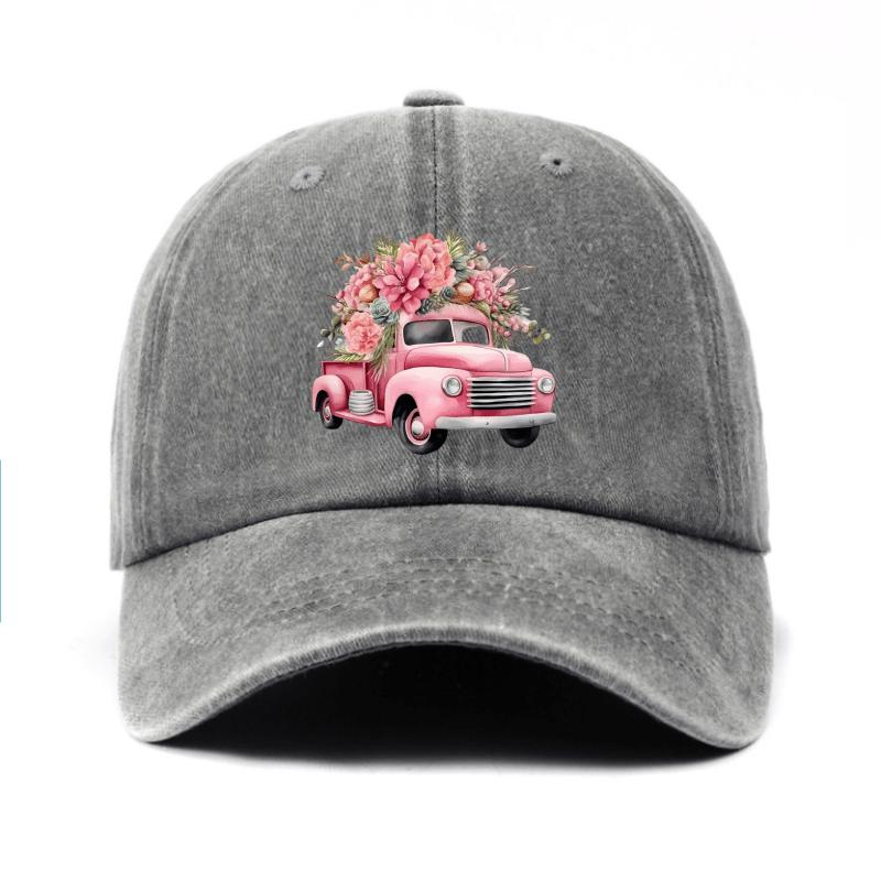 Pink Flower Truck Print Cotton Baseball Cap Vintage Casual Adjustable Unisex Summer Hat