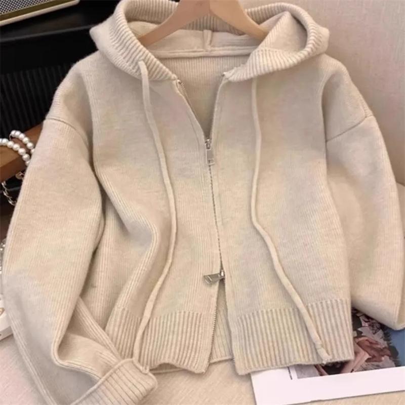 Spring Autumn Women Hooded Sweater Cardigan Tops Female Loose Zipper Knitwear Coat Lady Long Sleeved Outwear