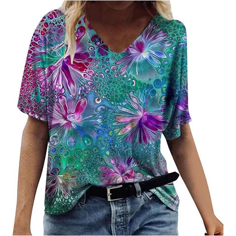 Sommer Graffiti Blume 3D-gedrucktes Kurzarm Damen V-Ausschnitt Buntes Lässiges Vielseitiges T-Shirt