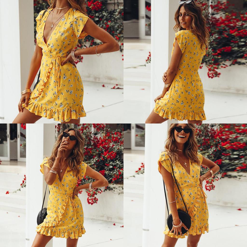 Premium Women Short Sleeve Wrap Boho Floral Mini Dress For Effortless Summer Style