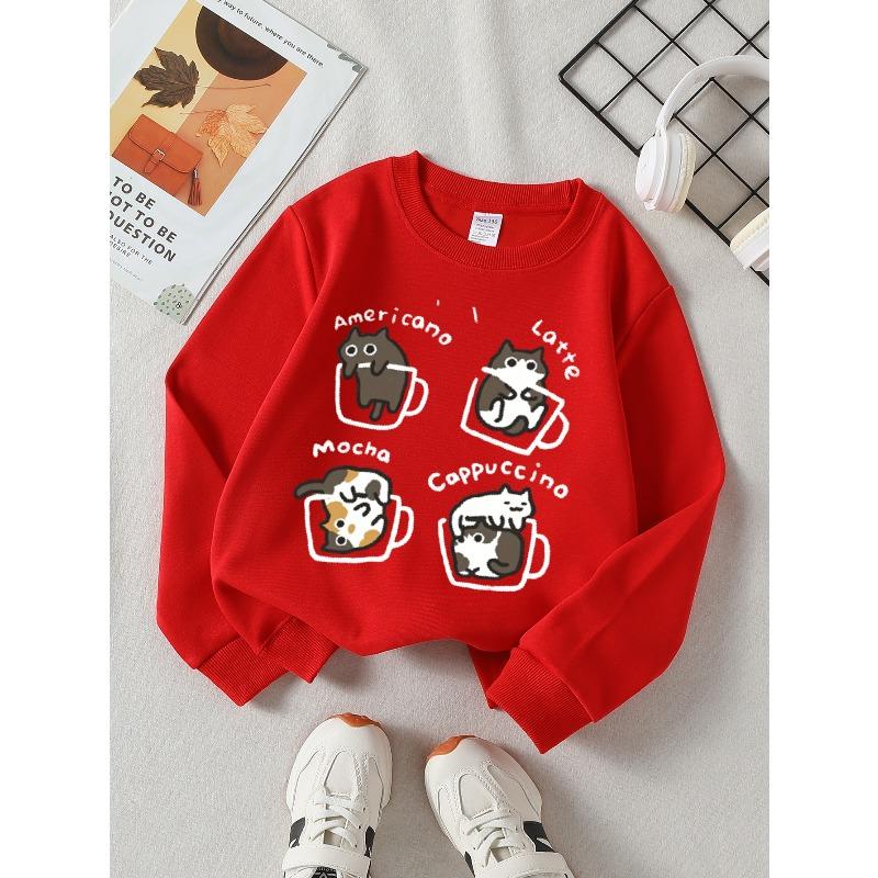 Adorable Kittens in Coffee Mugs Girls' Crew Neck Trendy Sweatshirt, a Western-Style Top for Fall And Winter, Long-Sleeved T-Shirt for Kids