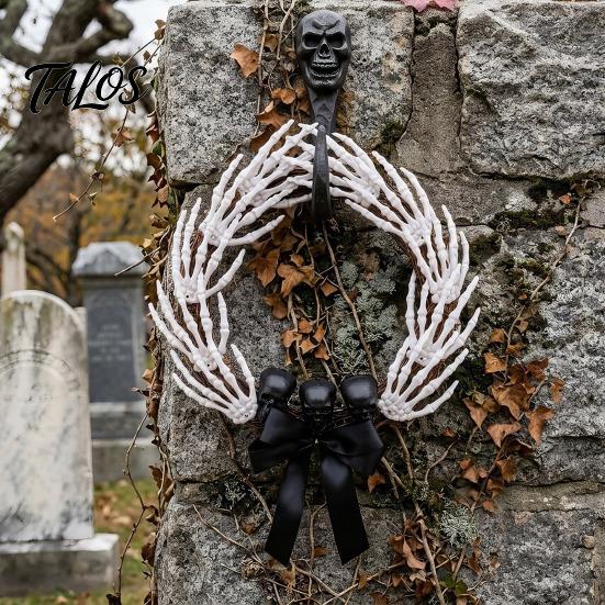 Bone Rattan Decoration Halloween Skeleton Hand Wreath for Front Door, Gothic Spooky Hanging Garland Scary Door Decor with Black Bow And Skulls