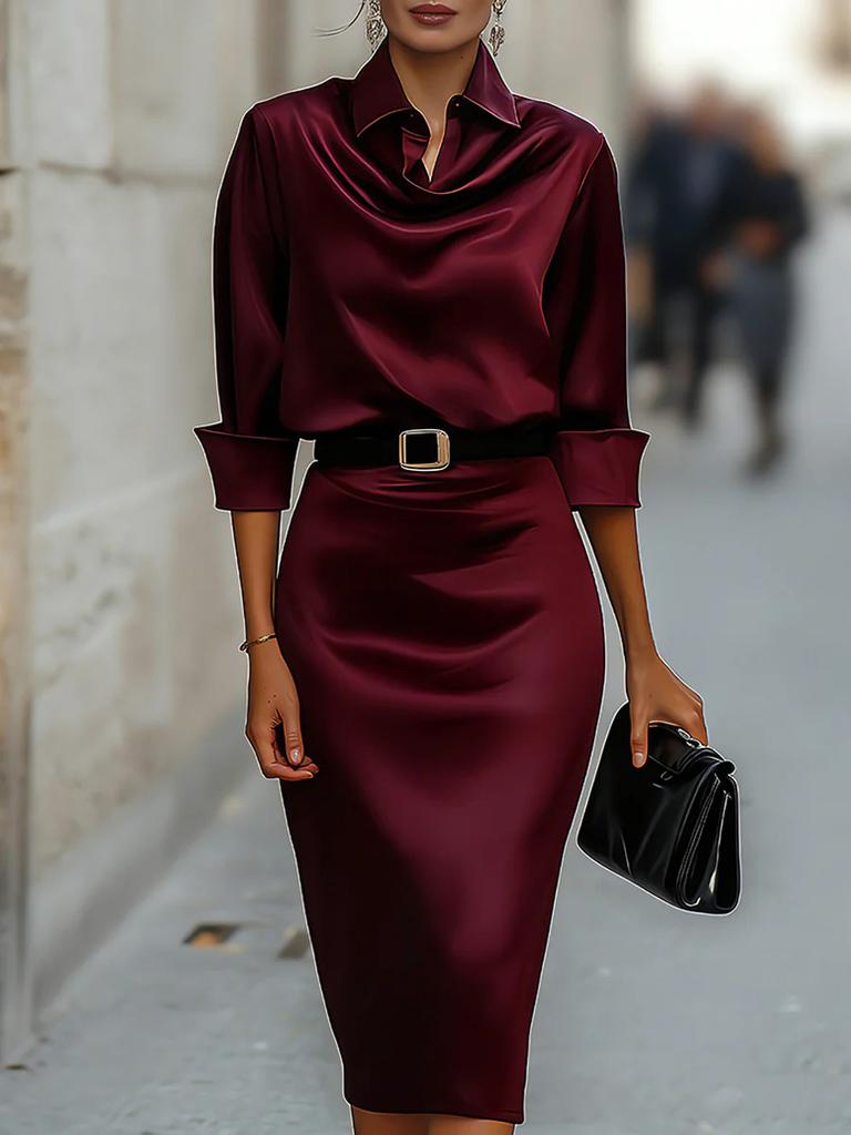 New Summer Slimming Satin Elegant Long Sleeve Dress for Women