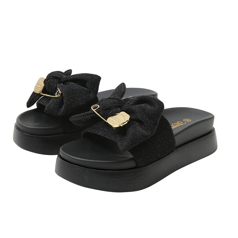 Bow-tie Cool Slippers Women's Summer 2025 New Fashion Outer Wear Versatile Large Size 41-43 Platform Beach Shoes Ins Tide