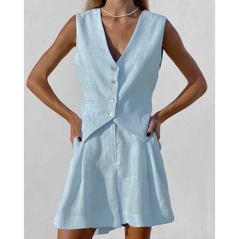Suit European and American Design Cotton and Linen Suit Vest Set Women clothes Summer Leisure Sleeveless Vest Shorts Two-piece Set