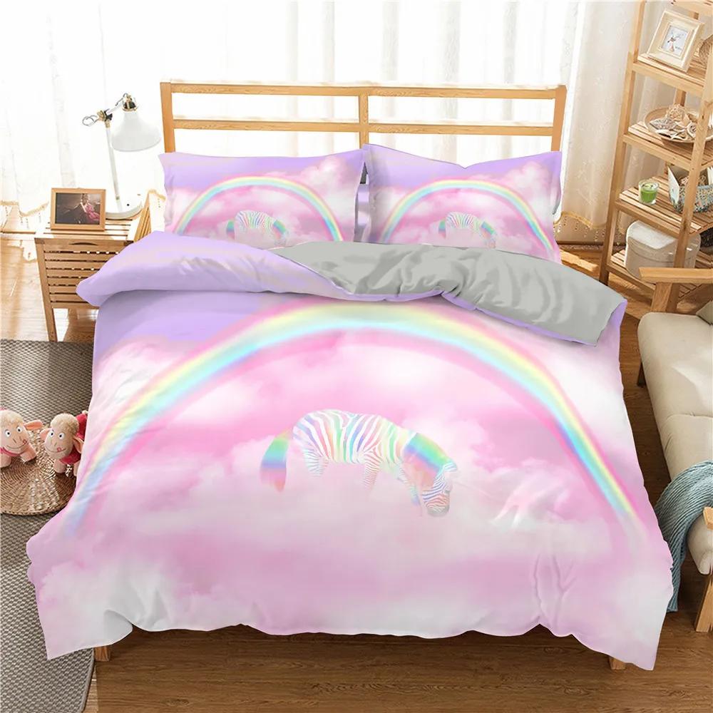 Double And Single Bed Bedding SetLovely Princess UnicornsPink Cute Bed CoverPillowcaseHigh Quality Comfort Sets2 Pcs3Pcs