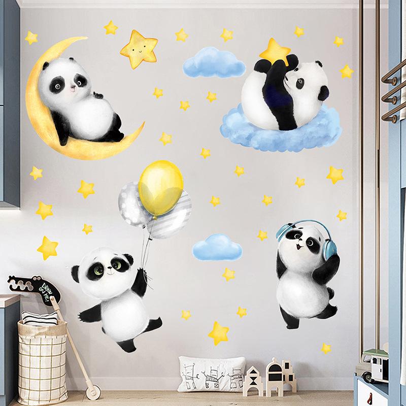 Cartoon Panda Wall Stickers Moon Clouds Decals for Kids Room Nursery Decor Removable Animal Background Stickers