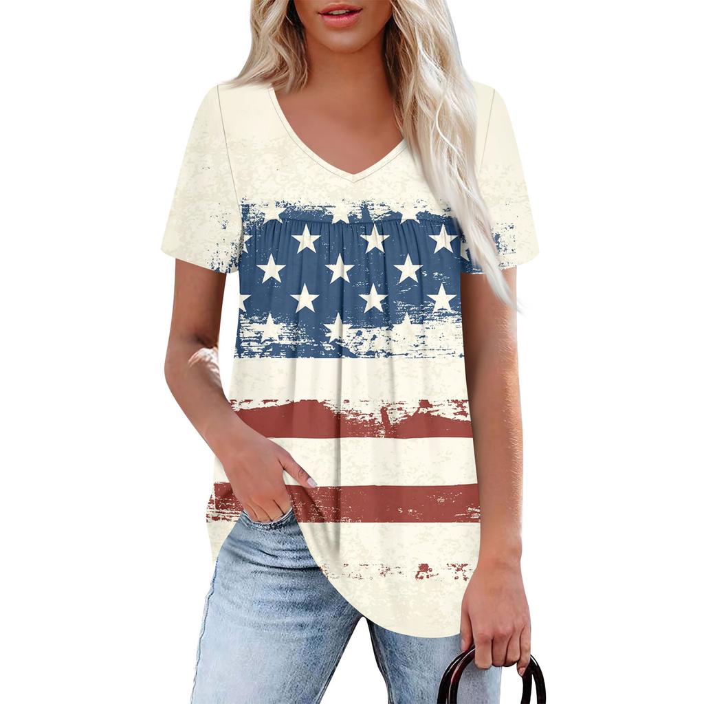 Women's Casual V-Neck Short Sleeve Chest Ruffle Printed Top