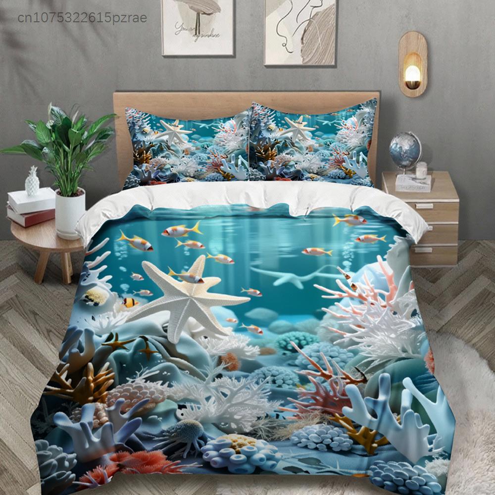 Ocean Coral Reef Bedding Set Blue Sea Life Print Bedding With Duvet Cover & Pillowcases For Bedroom