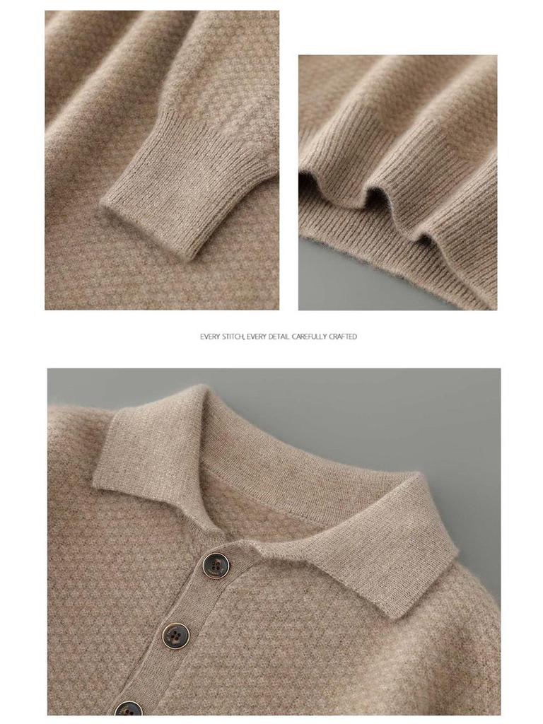 Men's Pure Wool Polo Collar Cardigan: Loose, Button-Up, Business Casual Cashmere Knit Sweater