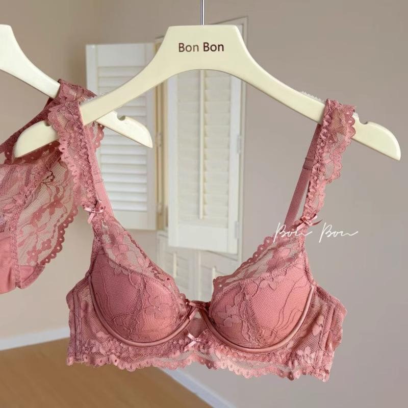 French Underwear Women's Small Breasts Gather Thin Breathable Breasts Anti-sagging Sexy Lace Back Bra Cover Set