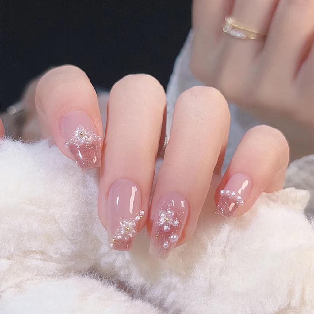 Flower Pearl Setting Pink Long Fake Nails Lightweight and Easy To Stick Fake Nail for Fingernail DIY Decoration