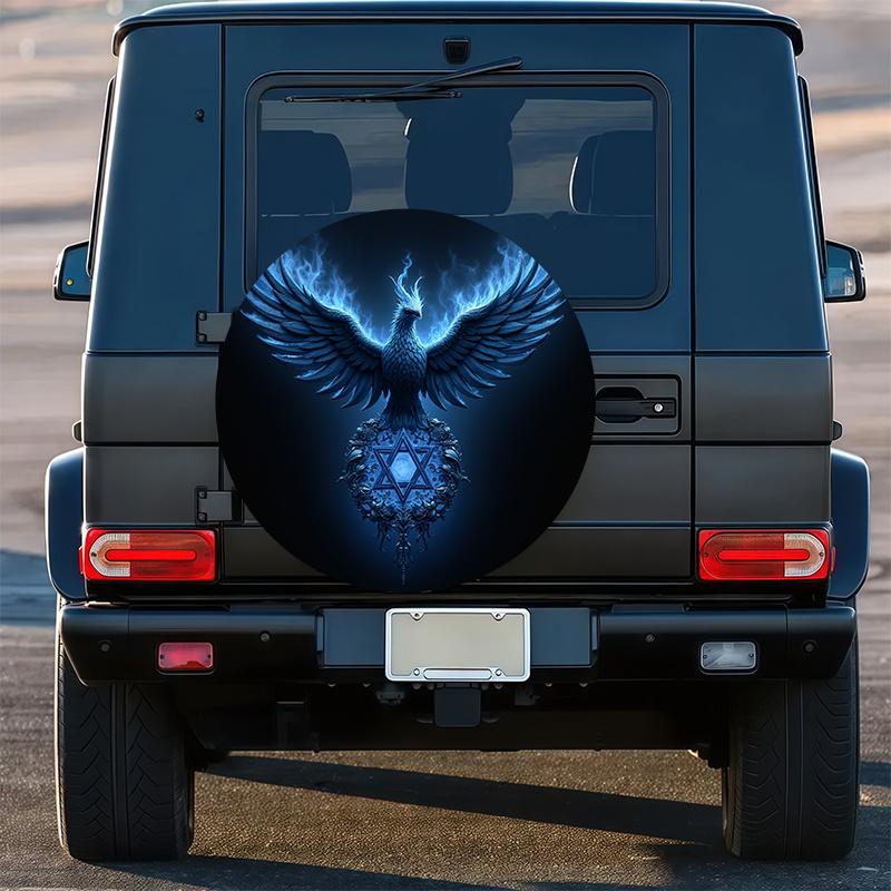 1pc Car Spare Tire Cover With Mysterious Blue Flame Phoenix Guardian Hexagram Pattern. This Trendy Universal Wheel Cover Is Spec