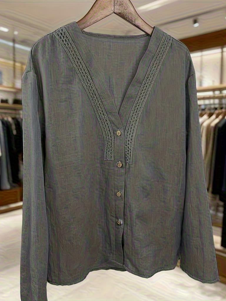 Bohemisk V-ringad Linne Skjorta med Lång Ärm för Kvinnor - Lös Passform för Vår och Höst