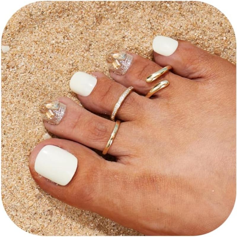 Toe Rings for Women Non Tarnish 14K Gold Filled Adjustable Toe Ring Set Daisy CZ Plain Hug Triple Open Band Ring Summer Beach Foot Jewelry for Women
