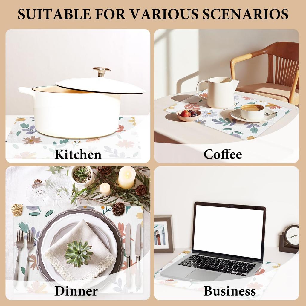 Cotton Linen Waterproof Placemats Set of 4, Daisy Floral Dining Mat Table Mats Decor