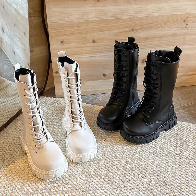 Girls' 2025 Autumn/Winter Leather High-Top Martin Boots for Medium/Large Children