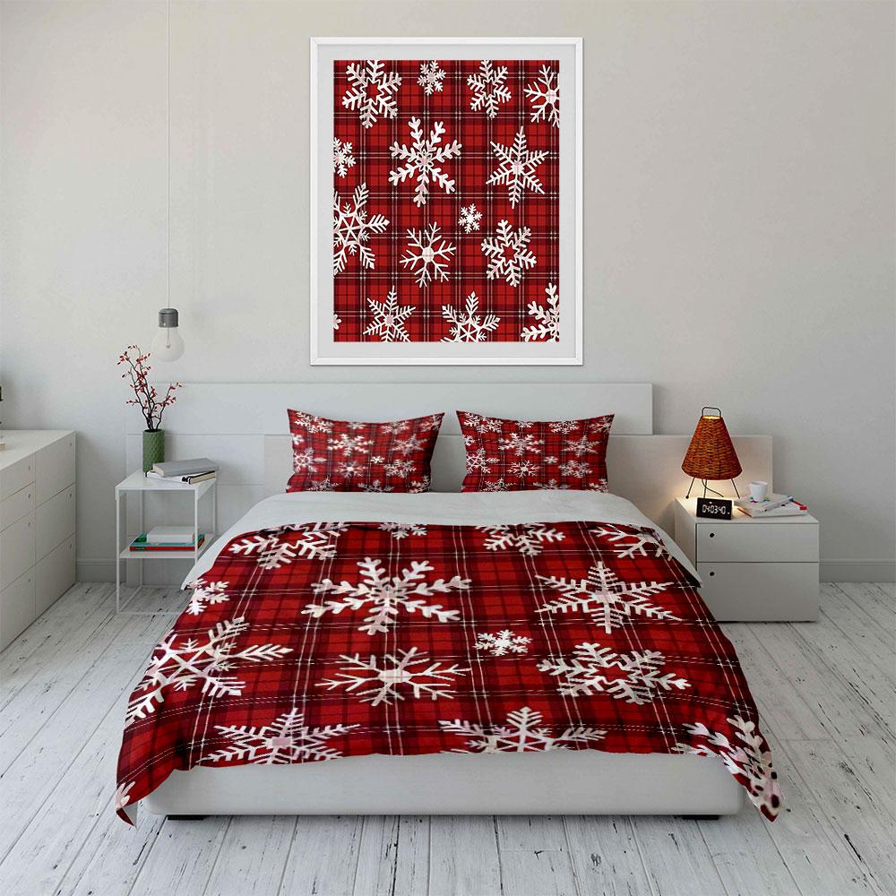 Red Plaid Snowflake Pattern Bedding Duvet Cover Set Duvet Cover Pillowcases (1*Duvet Cover 2*Pillowcases, without duvet insert)