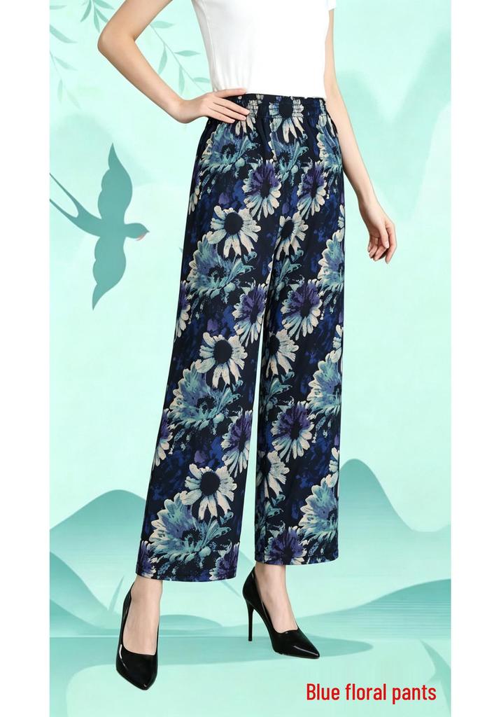Plus Size Breathable Floral Nine-Point Pants for Mid-Aged and Elderly Women - Summer Ice Silk, Loose Straight Leg Design