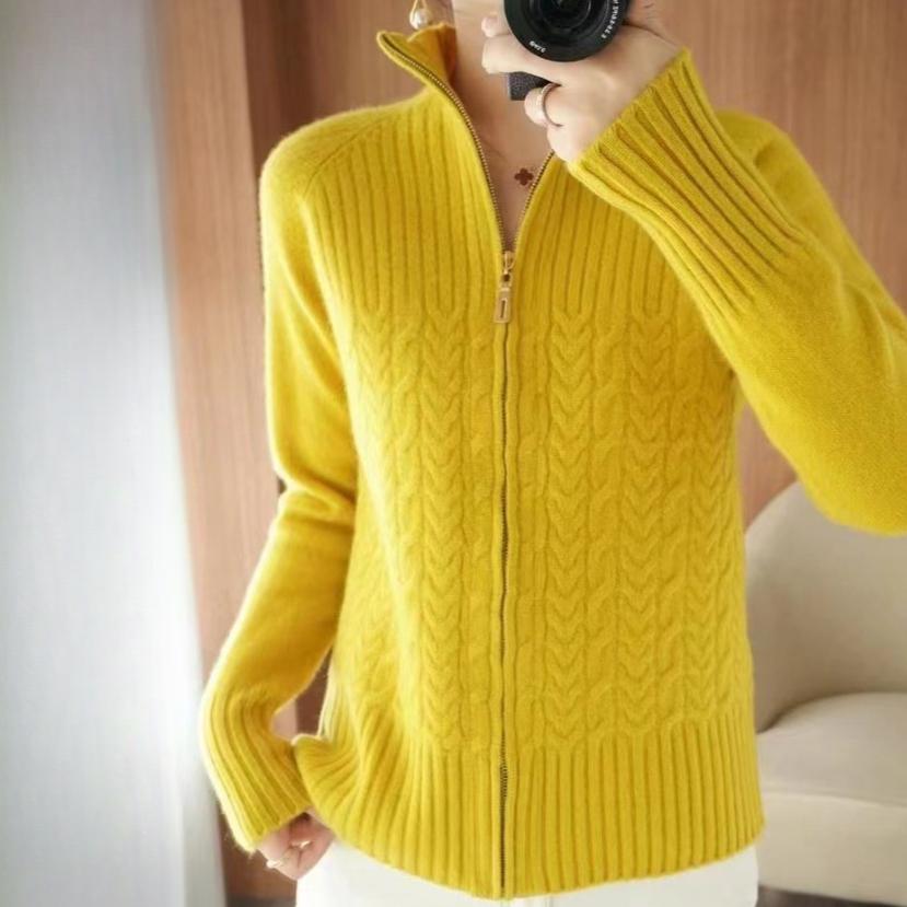 

IHUASU Жіночий весняний кардиган на блискавці, вільний, універсальний повсякденний модний кручений квітковий комір-стійка, светр XL жовтий