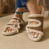 Women'S Cozy Fleece Slide Sandals - Brown & Beige Braided Design, Open-Toe Flat Slippers for Indoor/Outdoor Use, Casual Comfort