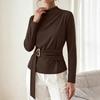 Women's Casual Slim Fit Asymmetrical Neckline Pleated Top for Everyday Layering