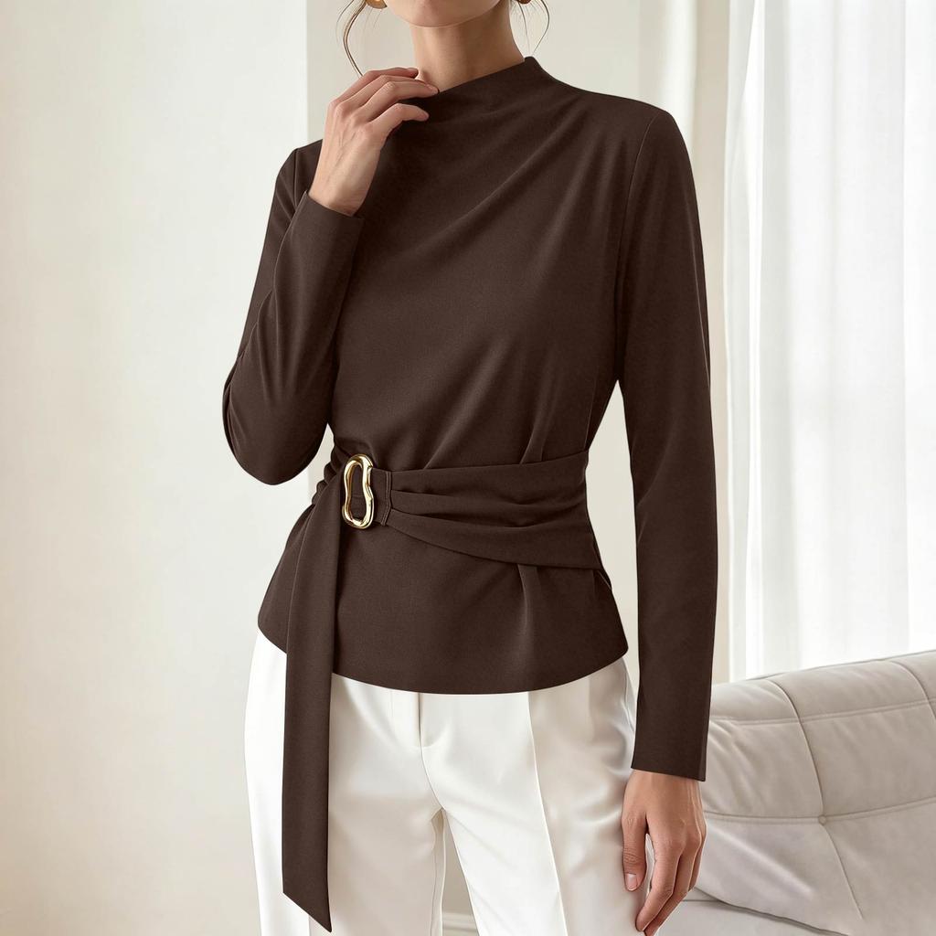 Women's Casual Slim Fit Asymmetrical Neckline Pleated Top for Everyday Layering