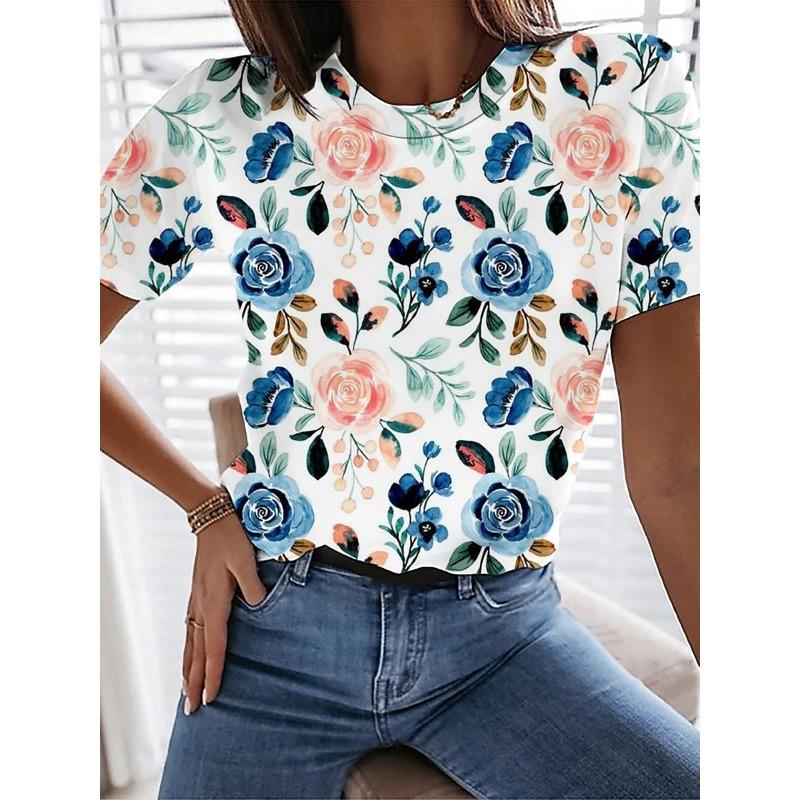 

Women s T Shirt Print Floral Graphic Vintage Stylish Classic Short Sleeve Crew Neck Regular Tops 5XL